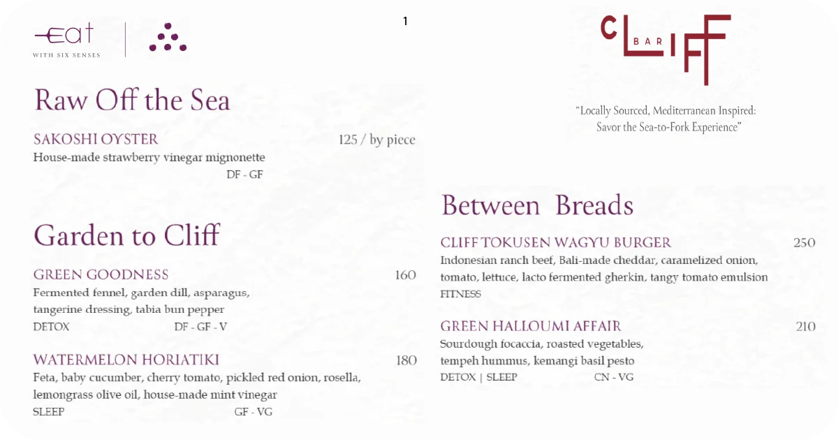 1. Cliff Bar menu seafood starters and sandwiches sections