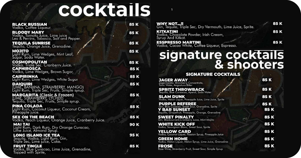 Y Sport Bar Bali: Uluwatu's Best Cliff-Top Sports Hub 8 1. Cocktail menu featuring classics like Mojito, Margarita, Long Island