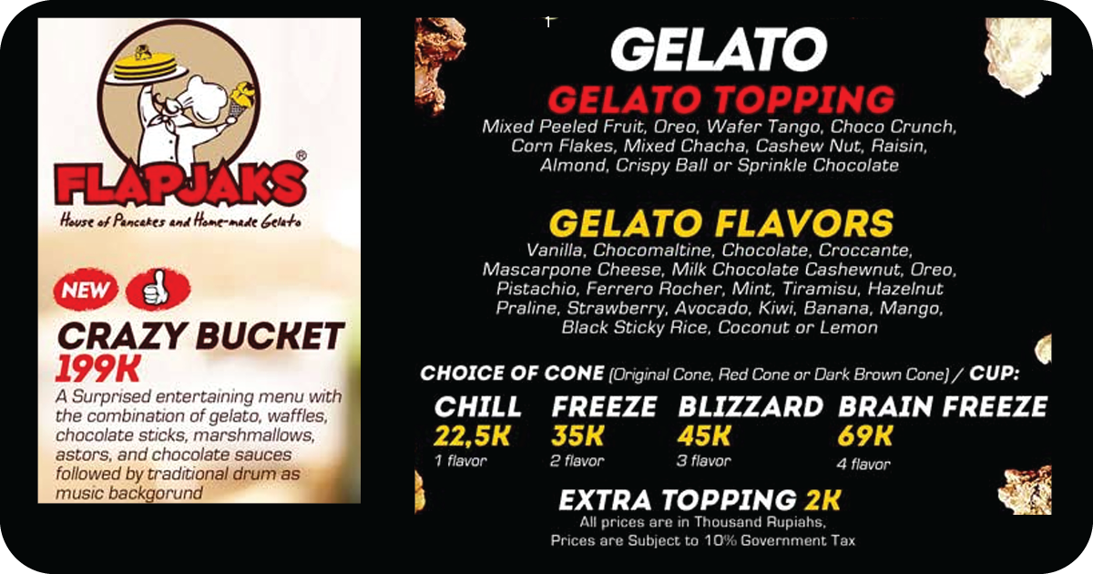 1. Flapjaks gelato menu with toppings, flavors, and Crazy Bucket 199K