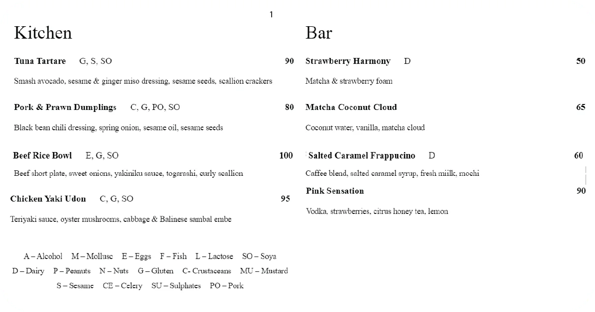 1. Kitchen and bar menu with tartare, dumplings, and frappuccino options