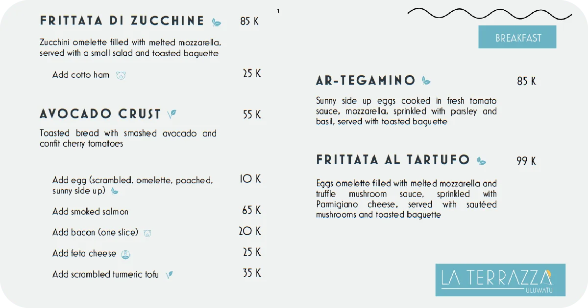 1. La Terrazza Uluwatu breakfast menu featuring frittatas and eggs