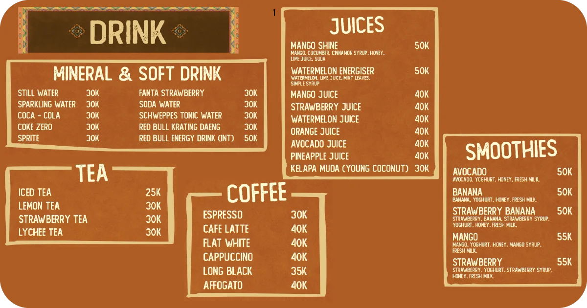 1. Menu of juices, smoothies, soft drinks, tea, and coffee