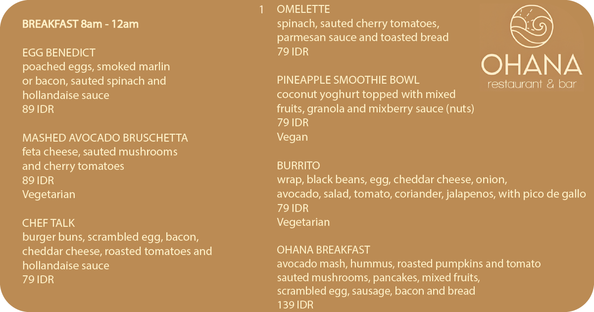 1. Ohana restaurant & bar breakfast menu with omelette, bowls, burrito