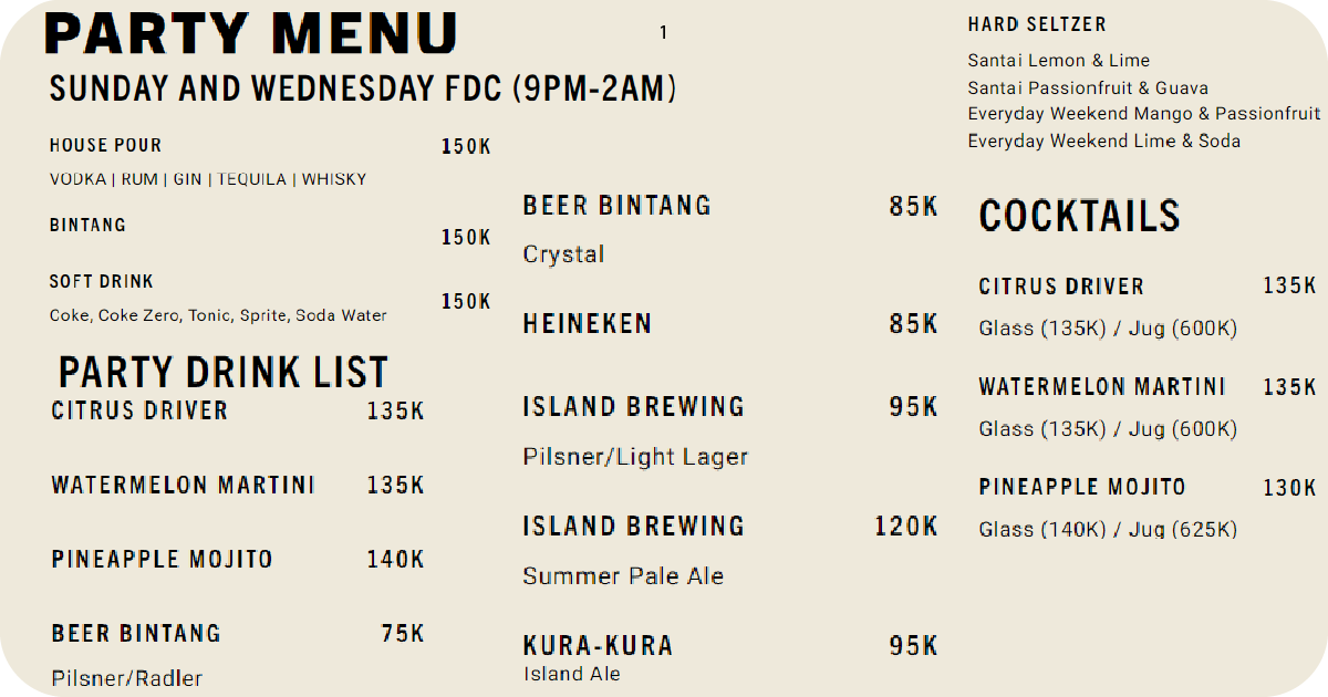1. Party drinks menu with beers, cocktails, and prices in rupiah