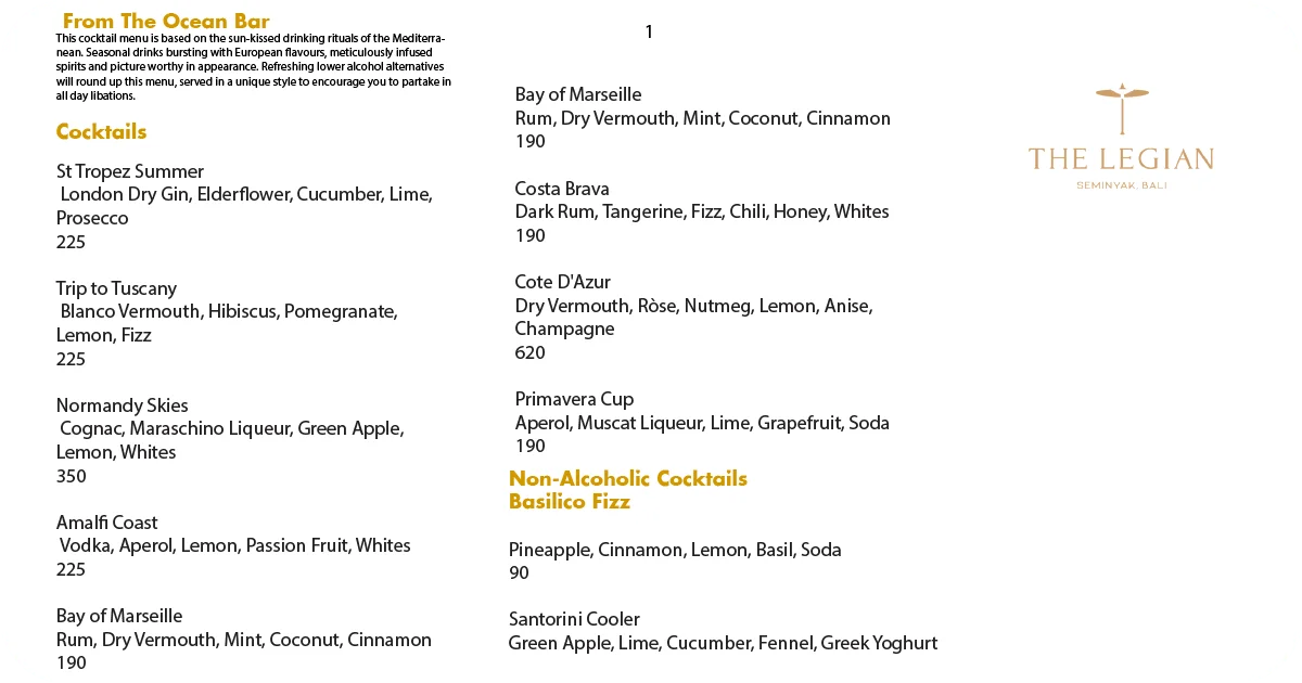 1. The Legian cocktail menu featuring ocean-inspired drinks and prices