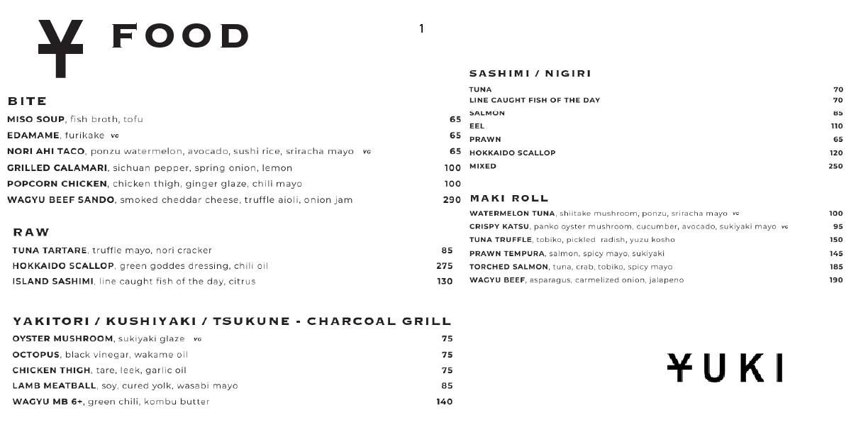 YUKI Japanese Restaurant Bar & Karaoke: Bali's Must-Visit Spot 8 1. YUKI food menu with bites, raw, yakitori, sashimi and maki