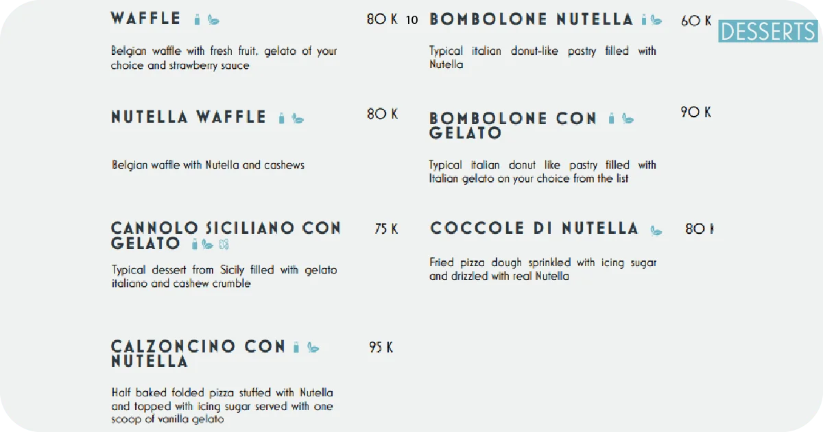 10. Dessert menu with waffles, bomboloni, cannoli, and Nutella treats