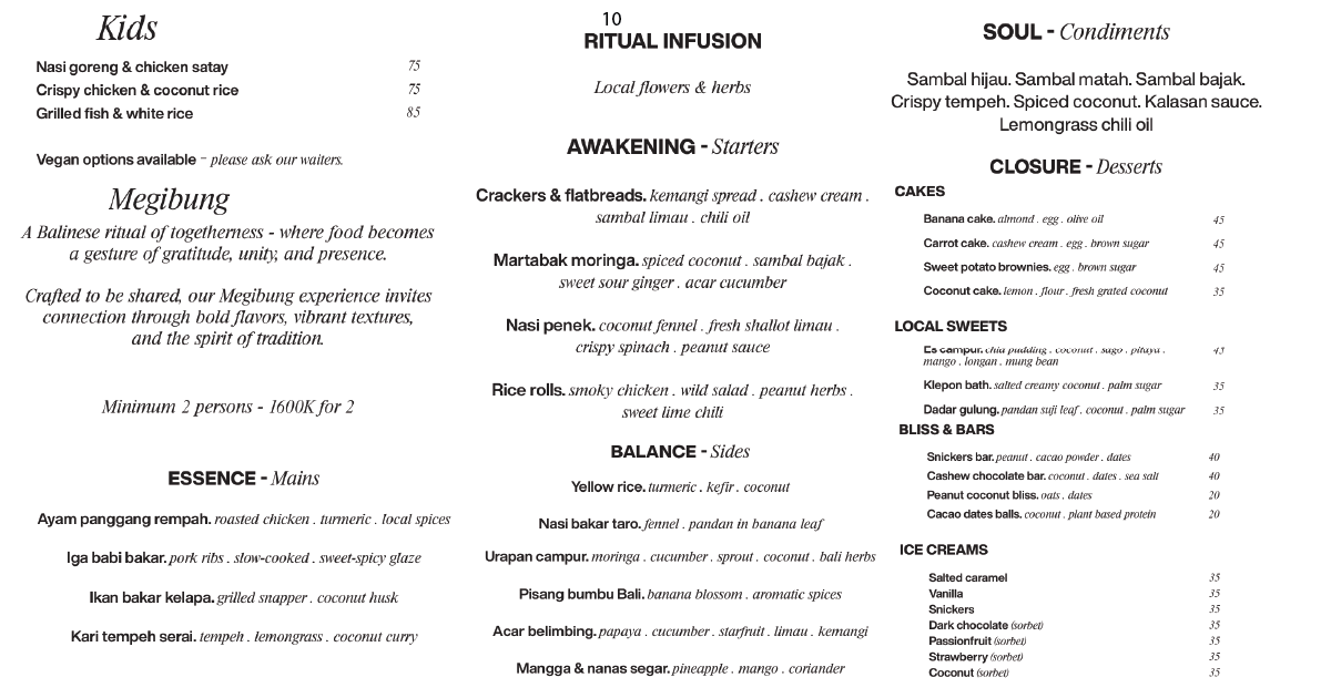 10. Megibung shared feast, kids dishes, ritual infusion starters, sides, condiments, dessert