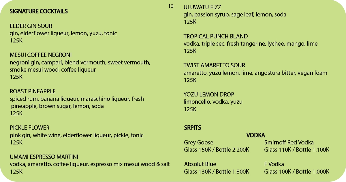 10. More signature cocktails plus spirits list featuring vodka brands