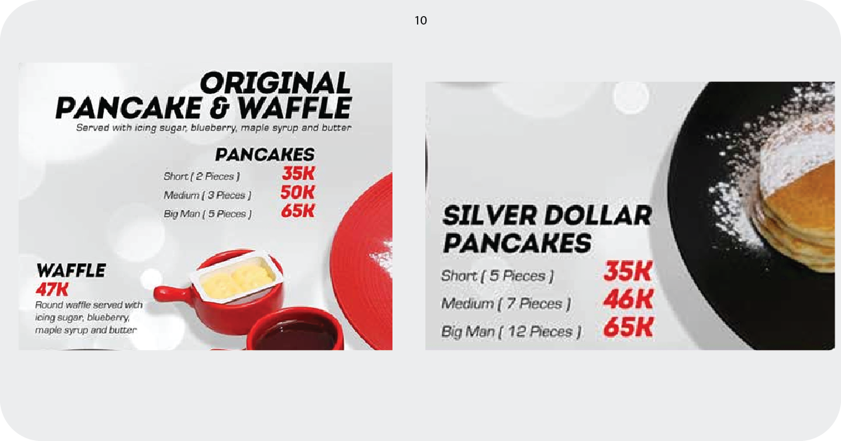 10. Pancake and waffle menu with sizes, including silver dollar pancakes