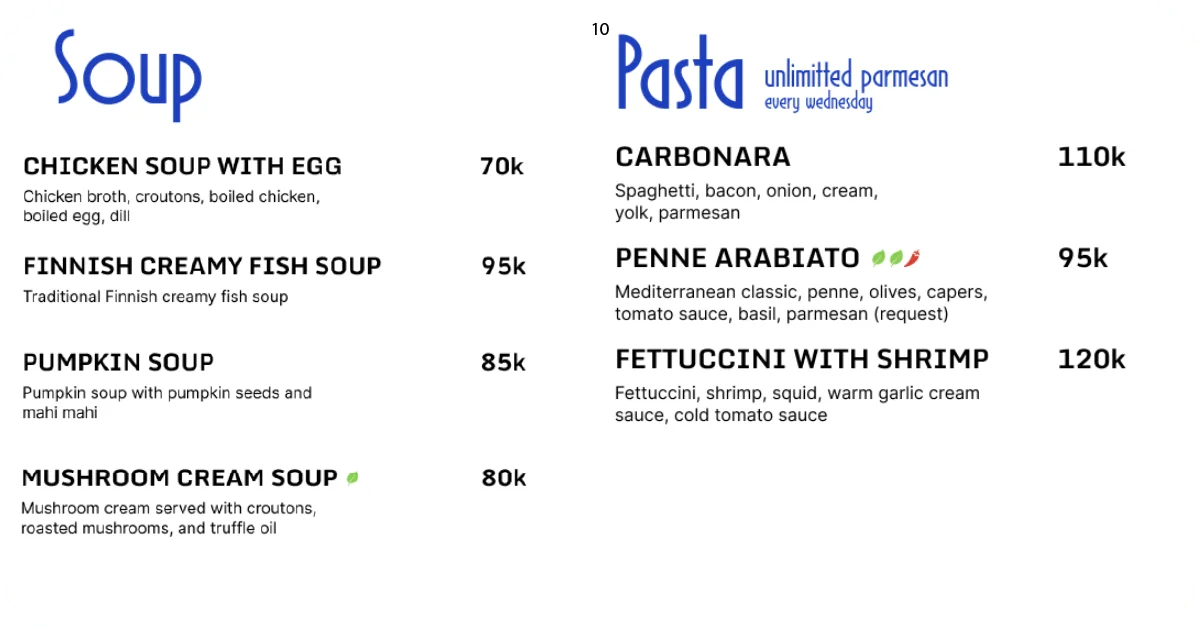 10. Soup and pasta menu, including carbonara and fettuccini with shrimp