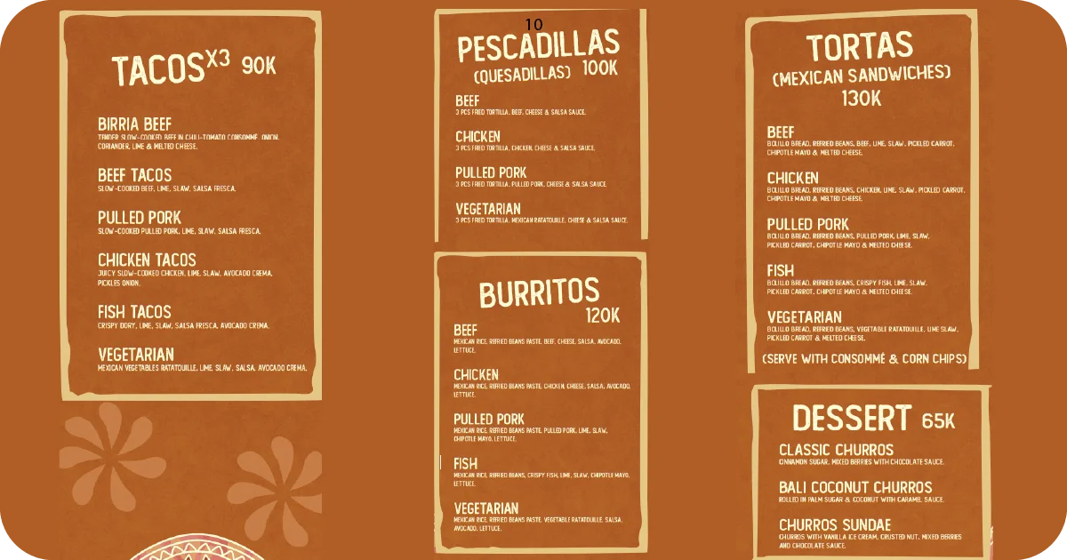 10. Tacos, quesadillas, burritos, tortas, and churros dessert menu