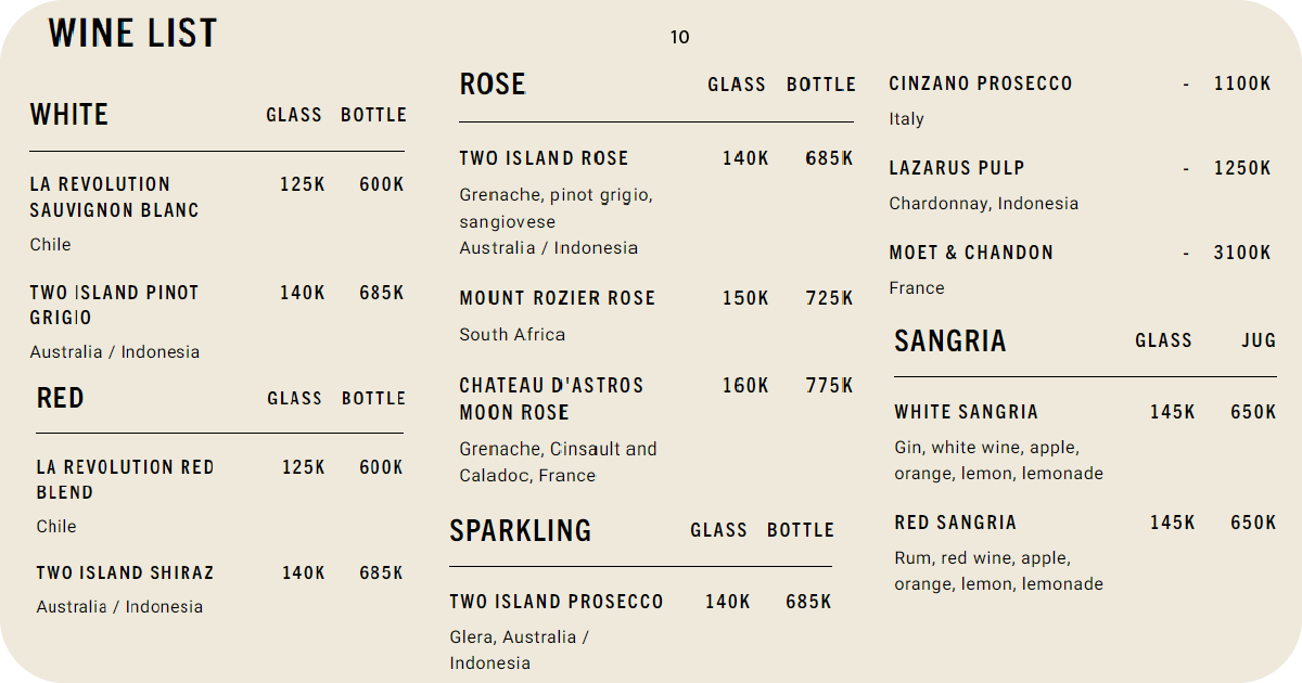 10. Wine list with whites, reds, rosés, sparkling, and sangria options
