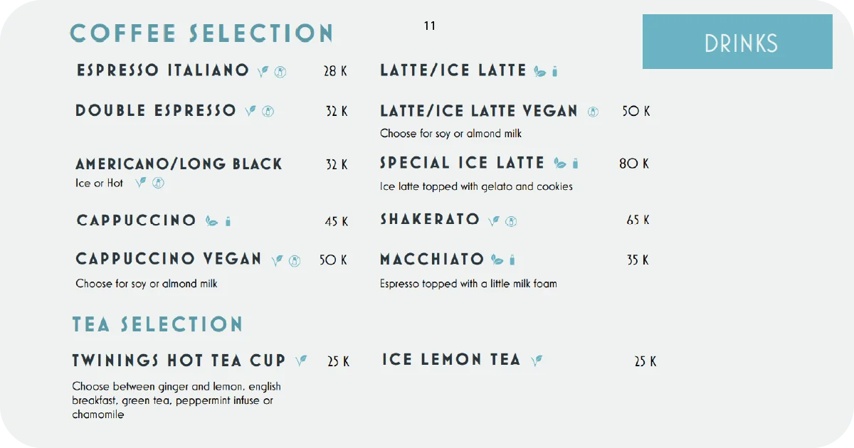 11. Coffee and tea menu with espressos, lattes, and iced options