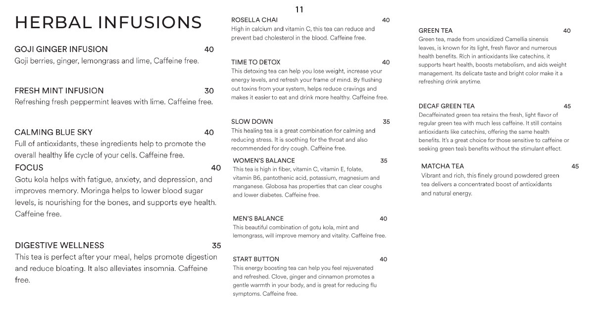 Alchemy Cafe Bali: An Honest Uluwatu Restaurant Review 12 11. Herbal infusions menu listing goji ginger, mint, detox blends