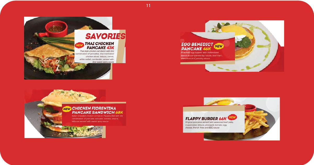 11. Savory menu Thai chicken pancake, Eggs Benedict pancake, Flappy Burger
