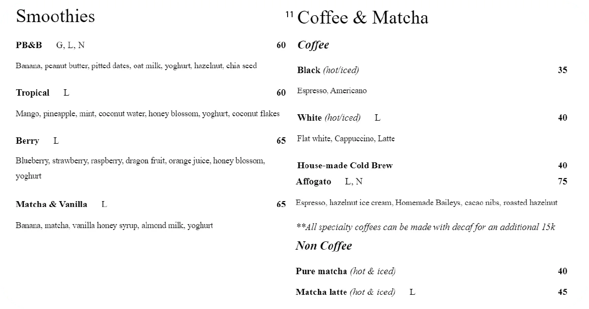11. Smoothies menu plus espresso drinks, cold brew, matcha options