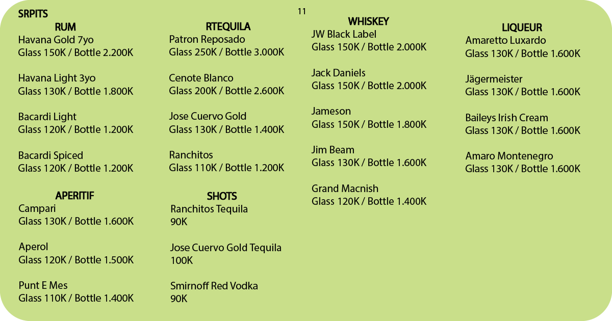 11. Spirits menu listing rum, tequila, whiskey, liqueurs, aperitifs, shots