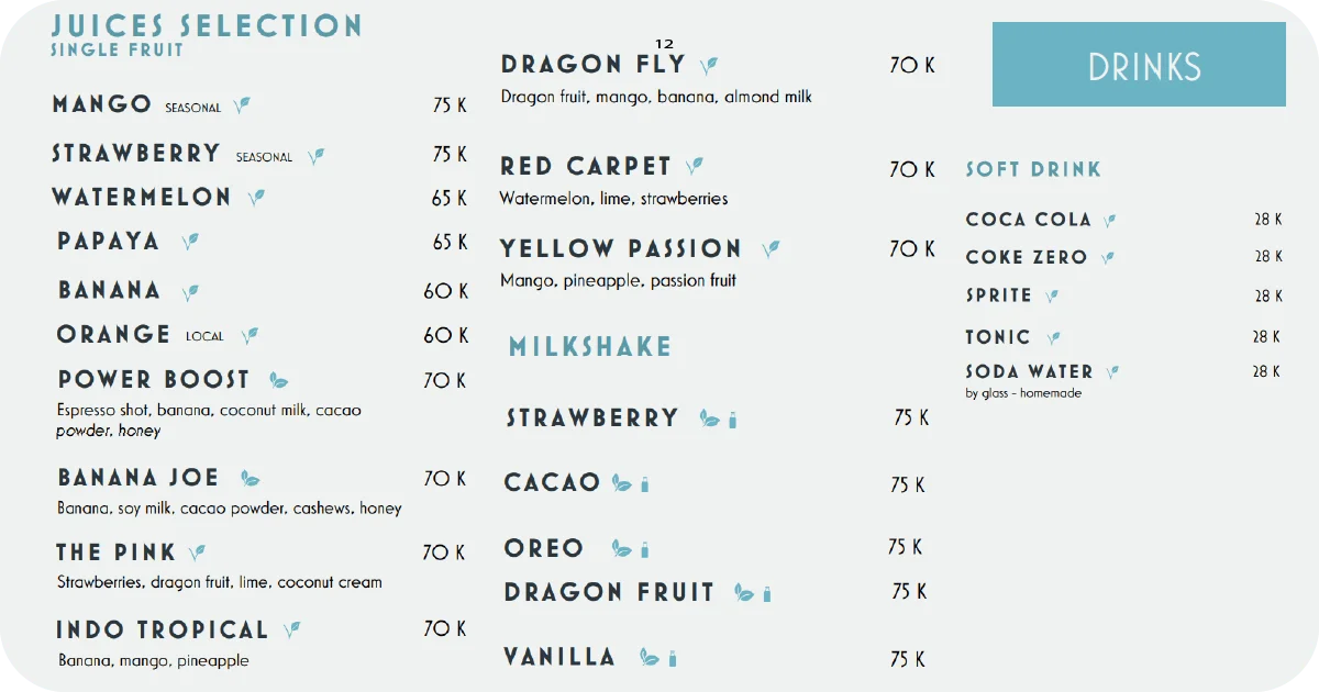 12. Fruit juices and milkshakes menu including mango, dragon fruit, oreo