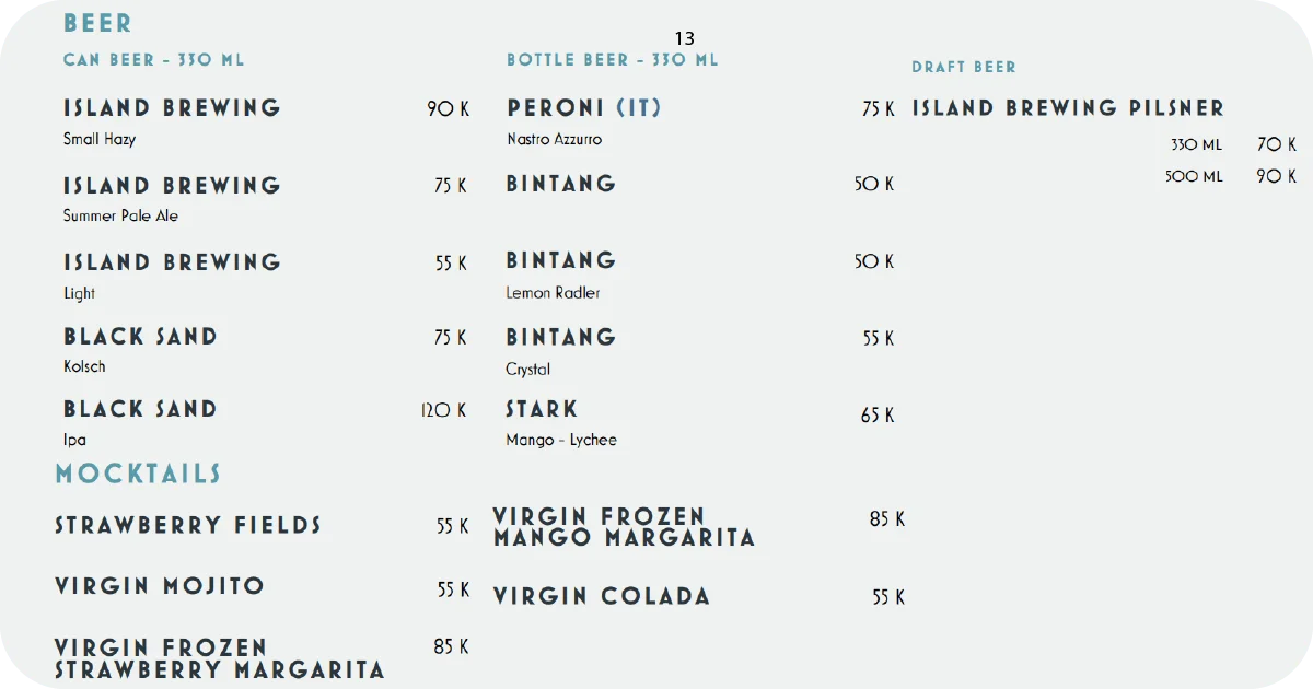 13. Beer list with Island Brewing drafts, Bintang bottles, and mocktails