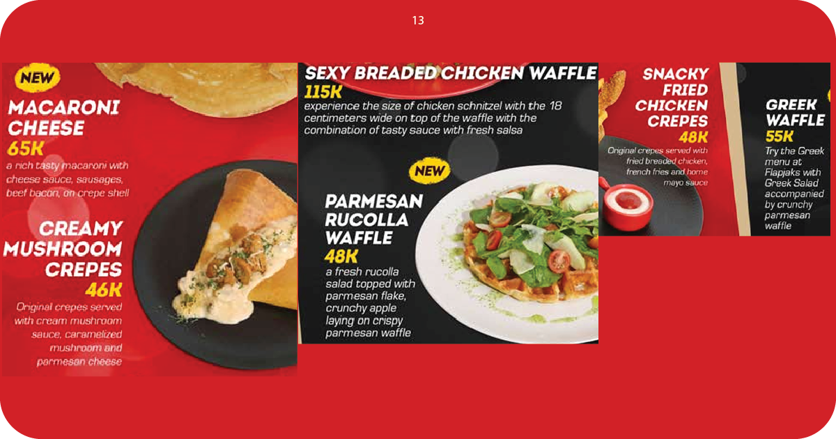 13. Crepes and waffles macaroni cheese, mushroom, schnitzel waffle, rucola salad