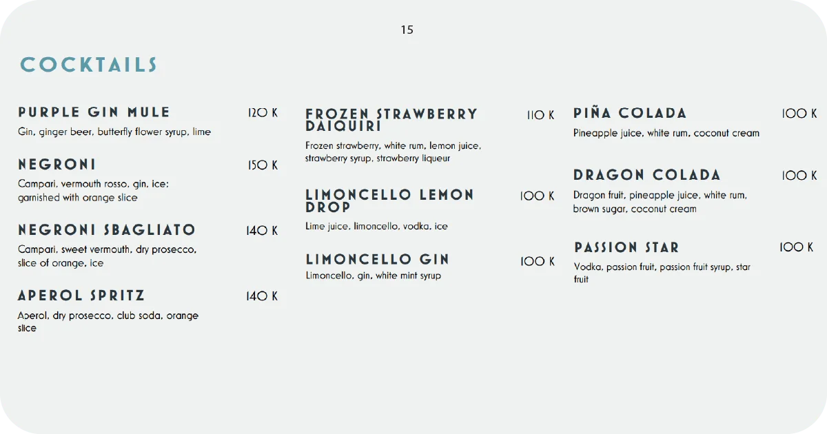 15. Cocktail selection including Negroni, Aperol Spritz, and frozen daiquiri