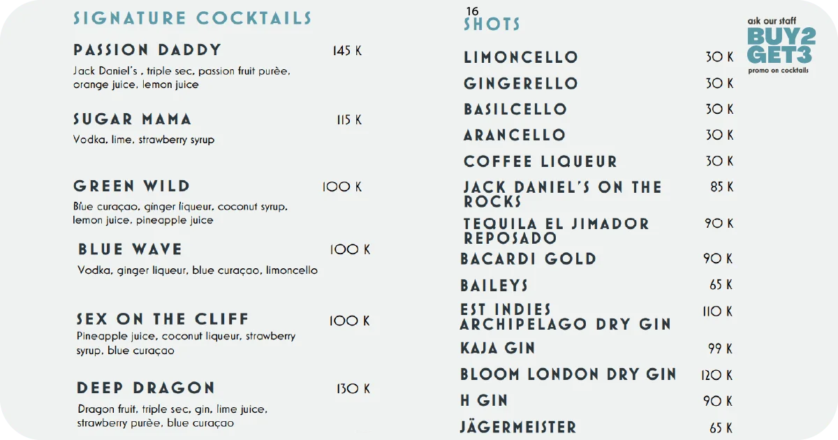 16. Signature cocktails and shots list with Limoncello and Jack Daniel’s
