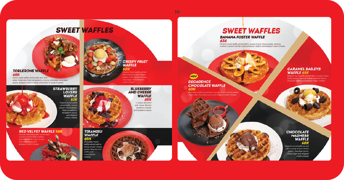 16. Sweet waffles lineup Toblerone, strawberry lovers, tiramisu, chocolate decadence