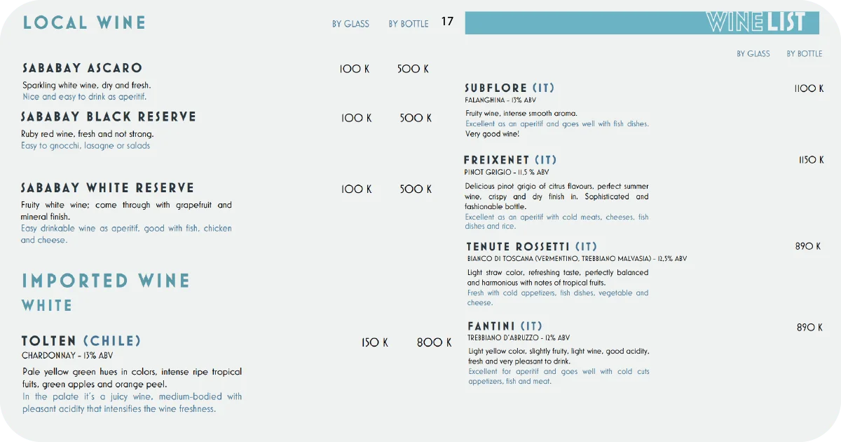17. Local and imported white wines by glass or bottle