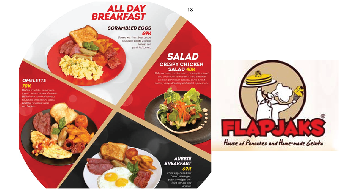 18. Flapjaks all-day breakfast omelette, scrambled eggs, Aussie breakfast, salad