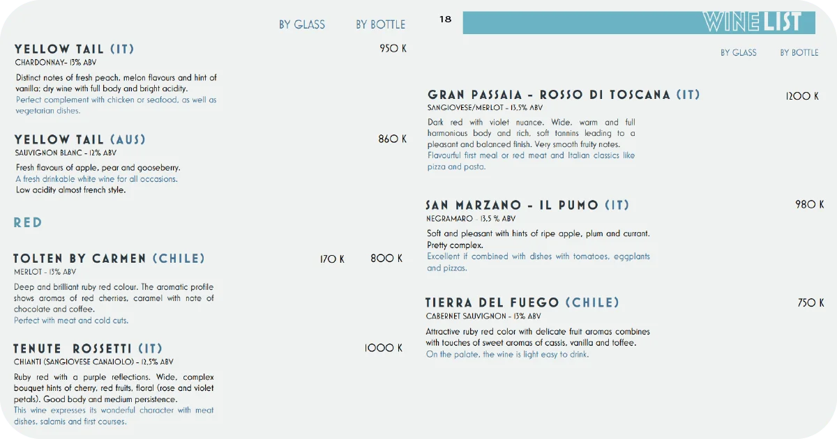 18. Red wine selection with Italian and Chilean bottles, prices listed