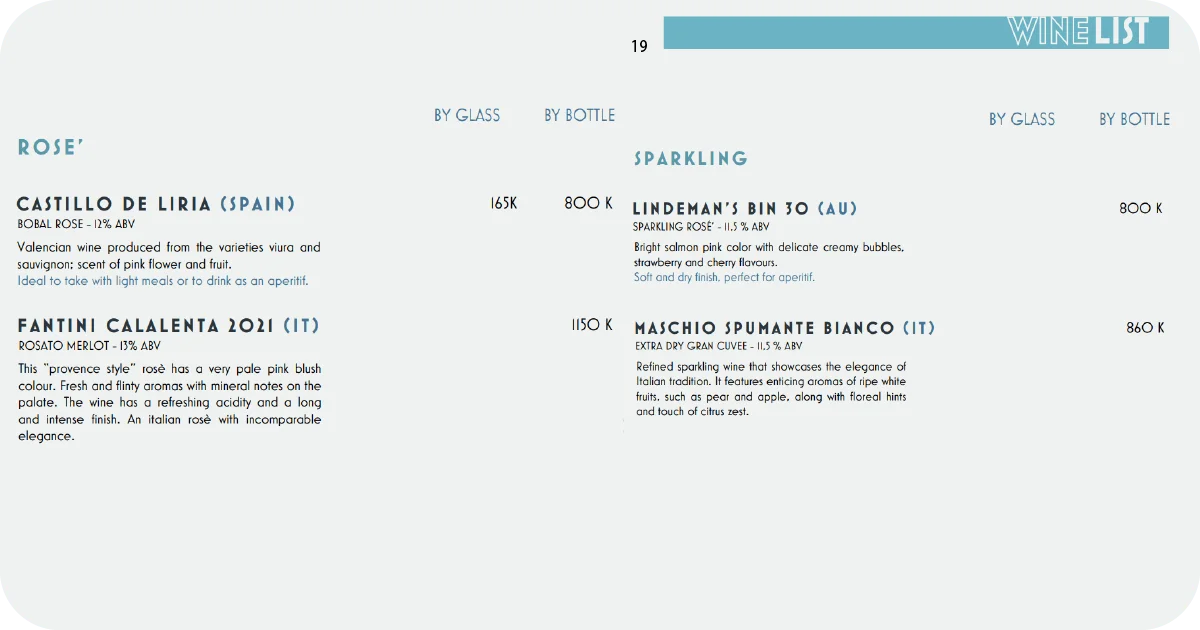 19. Rosé and sparkling wines menu with Lindeman’s and Maschio Spumante