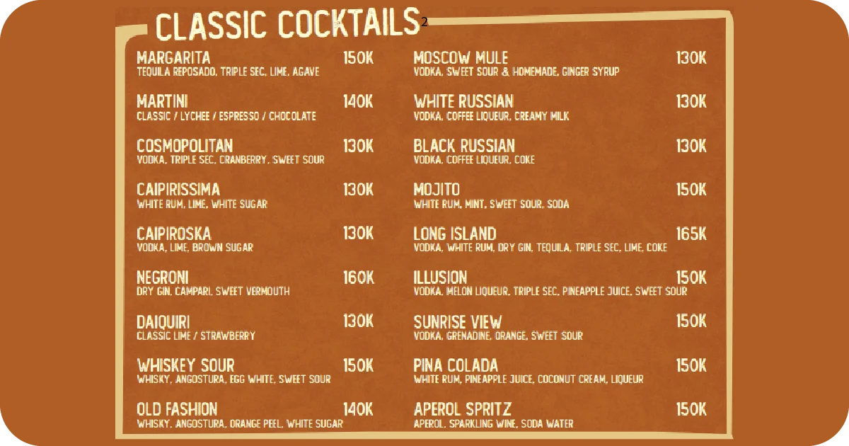 2. Classic cocktails menu featuring margarita, martini, mojito, Long Island