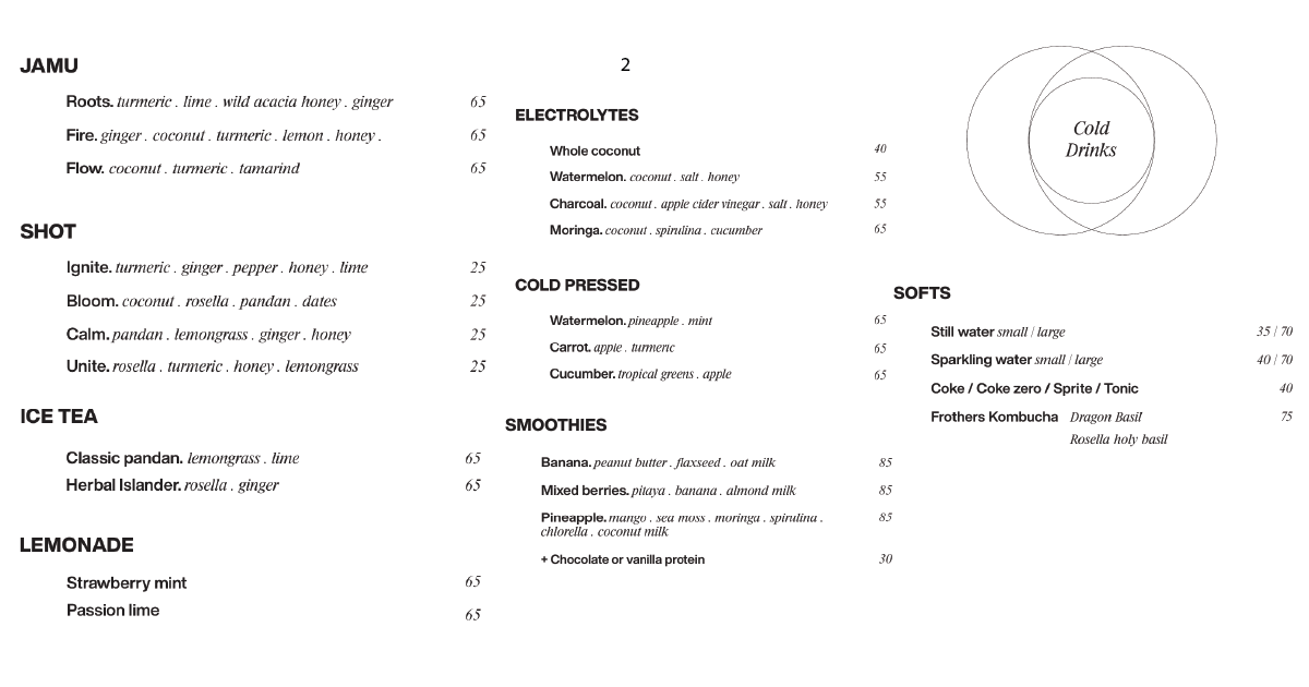 2. Cold drinks menu with jamu, shots, iced teas, smoothies, electrolytes