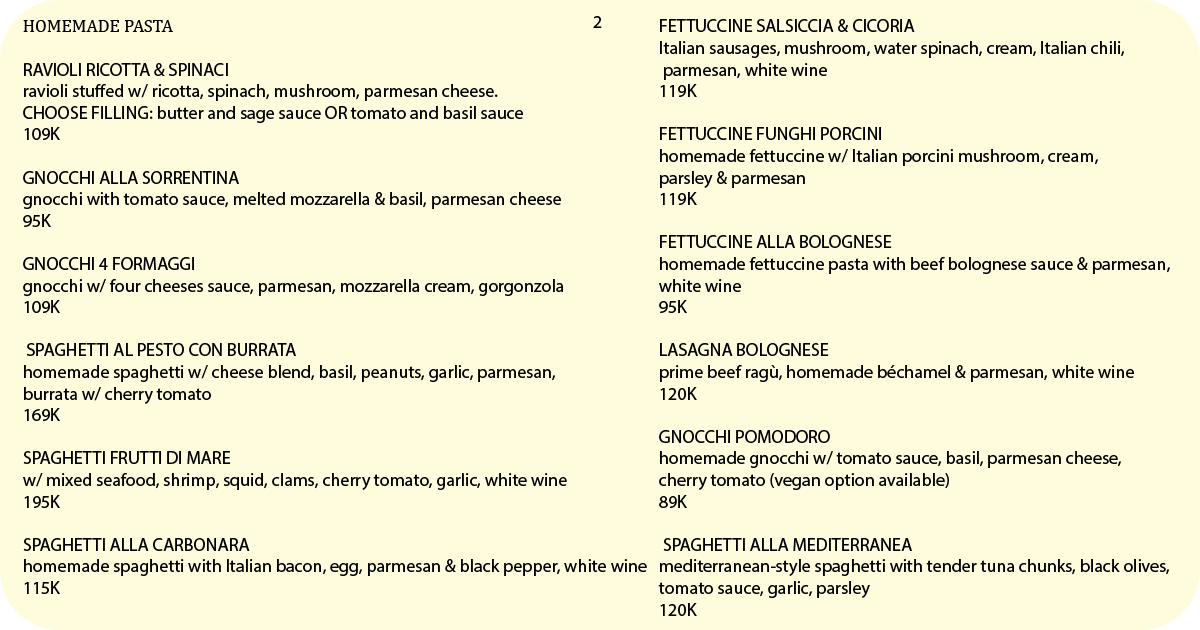 2. Homemade pasta menu featuring ravioli, gnocchi, spaghetti, fettuccine options