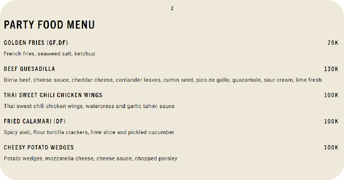 2. Party food menu featuring pizzas, fries, wings, and calamari