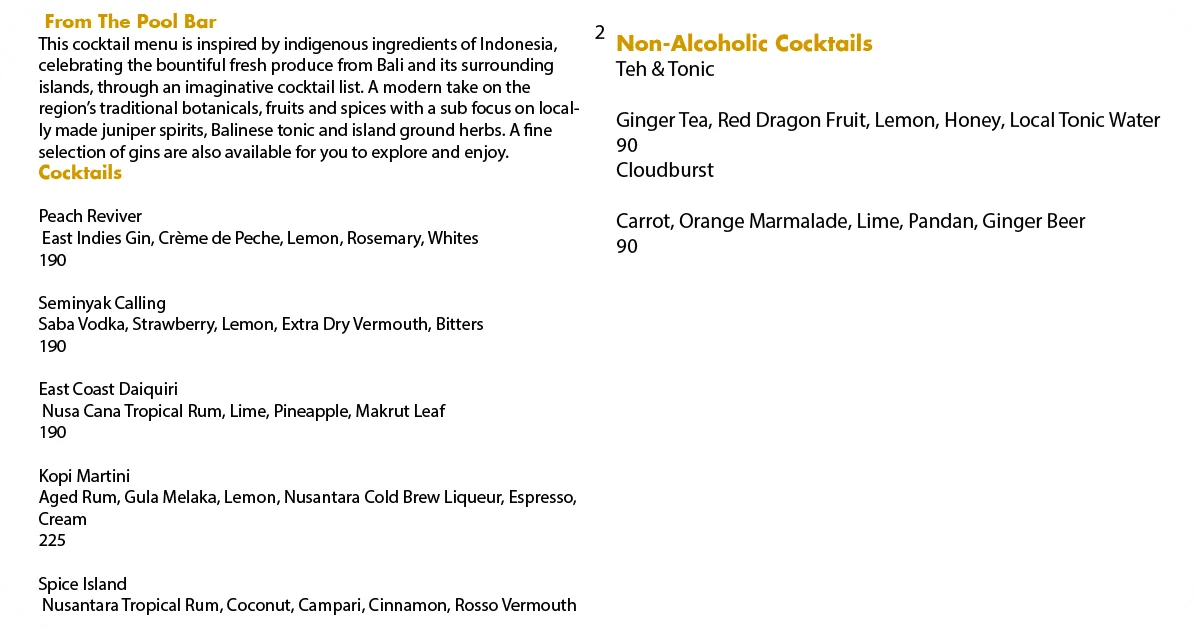 2. Pool bar cocktail menu with Indonesian-inspired mixes and mocktails