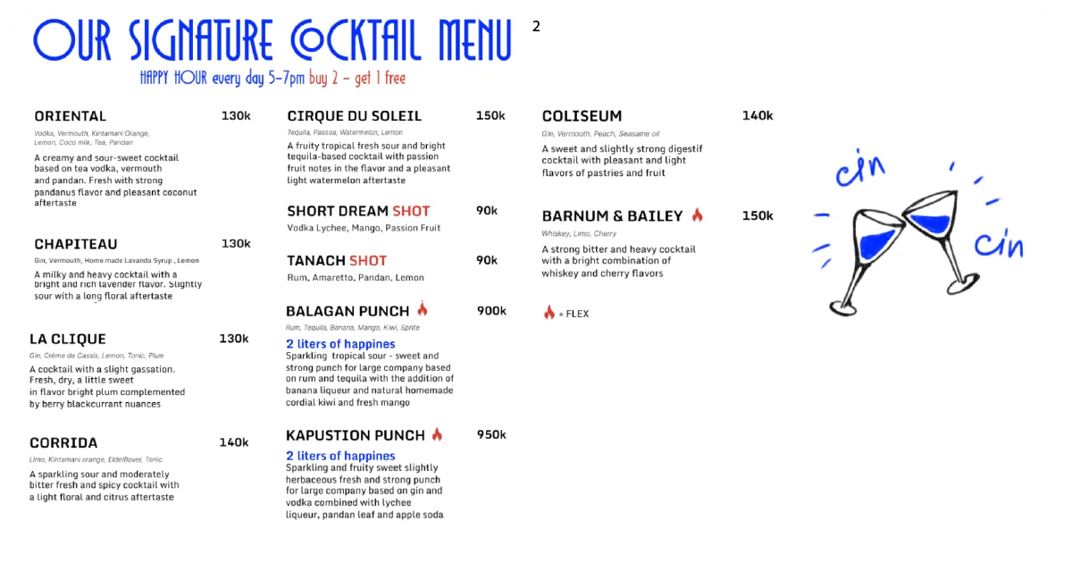 2. Signature cocktail list with happy hour and clinking glass illustration