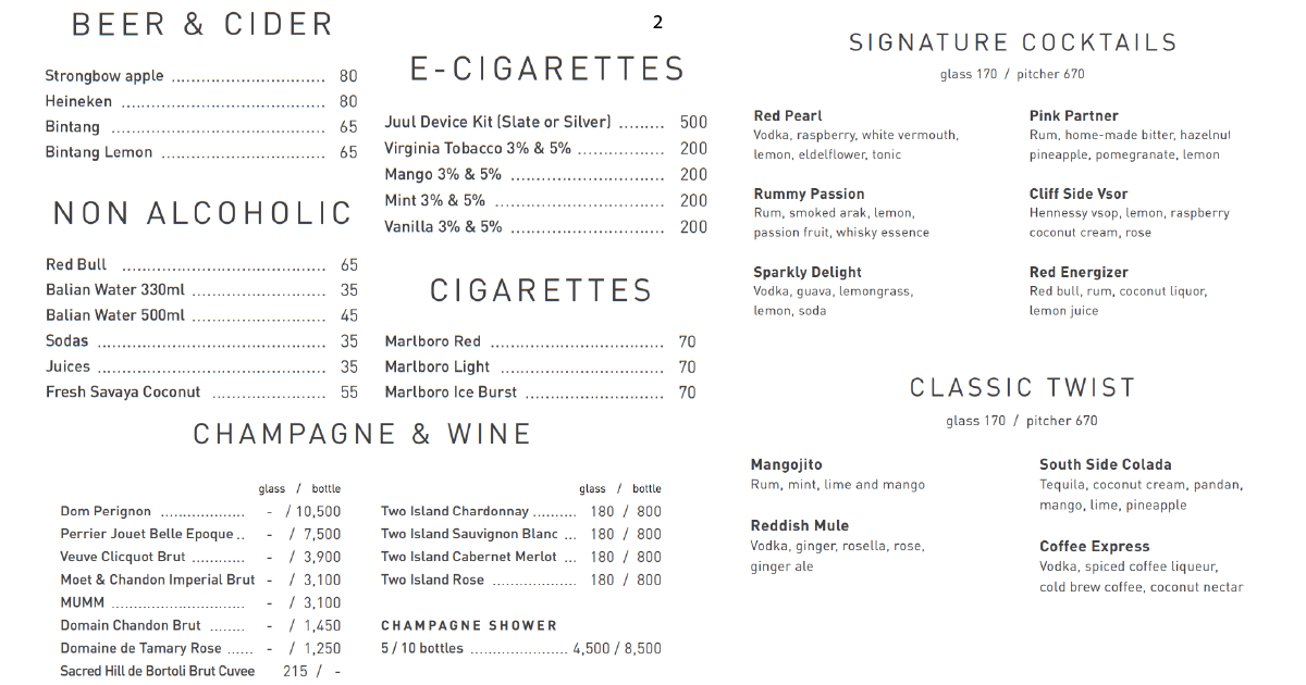 Savaya Bali Club: Worth the Hype? A Clifftop Review 9 2. Signature cocktails and beer list with champagne and wine options