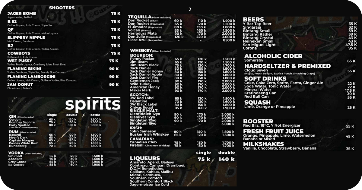 Y Sport Bar Bali: Uluwatu's Best Cliff-Top Sports Hub 9 2. Spirits and shooters menu with whiskey, tequila, and beers
