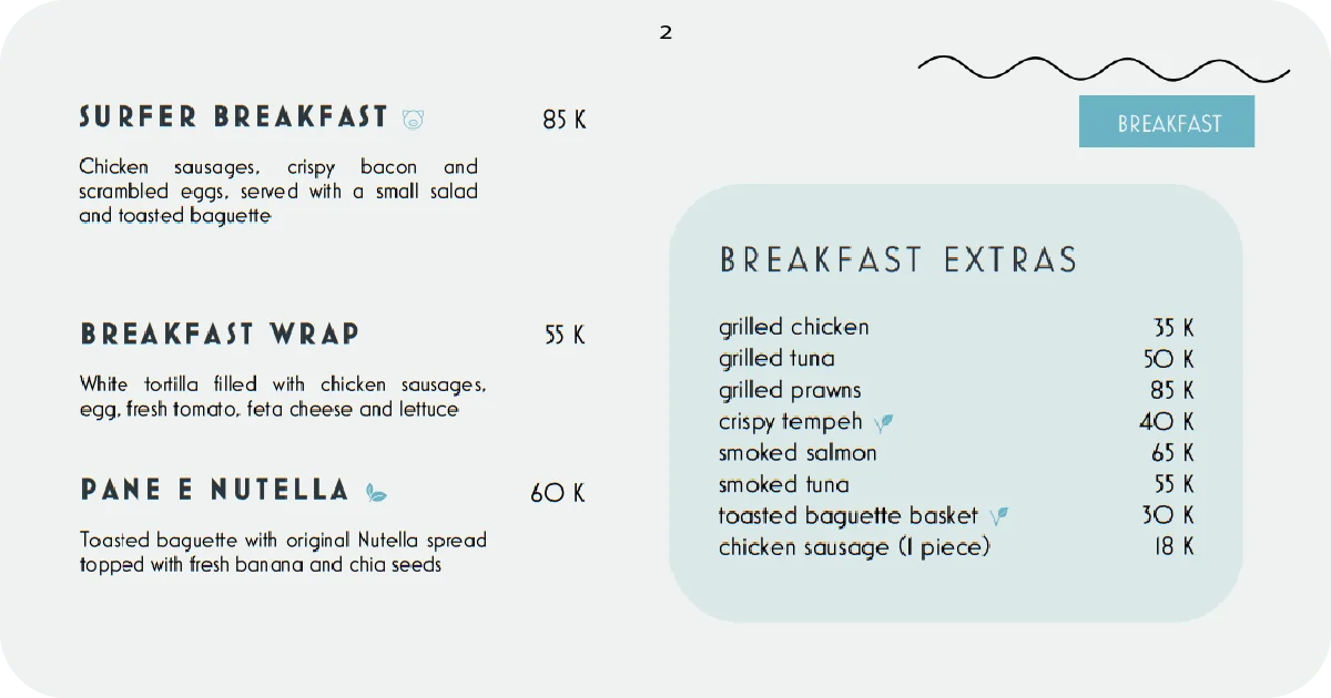 2. Surfer Breakfast, wraps, and breakfast extras with protein add-ons