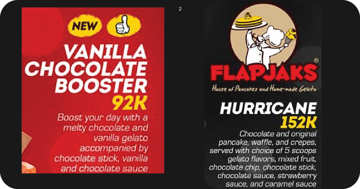 2. Vanilla Chocolate Booster 92K and Flapjaks Hurricane dessert 152K