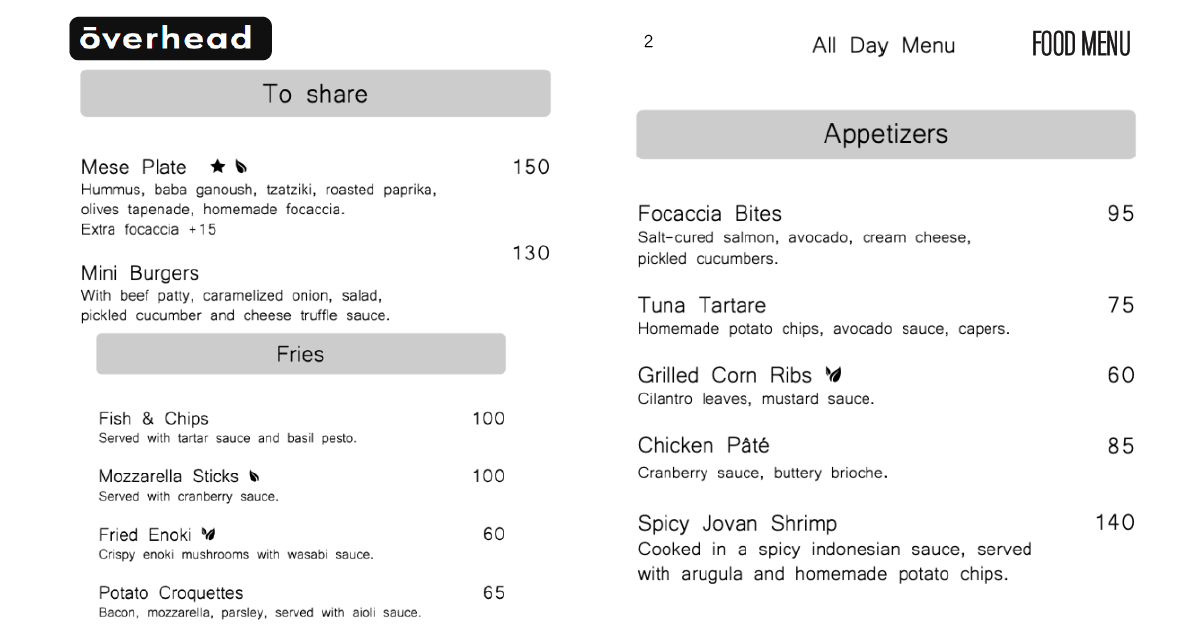 2. ōverhead all-day menu with share plates, appetizers, and fries