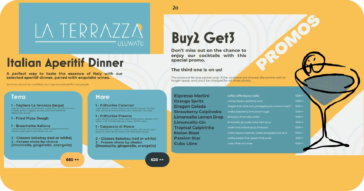 20. La Terrazza Uluwatu promo board with Italian aperitif dinner and cocktails
