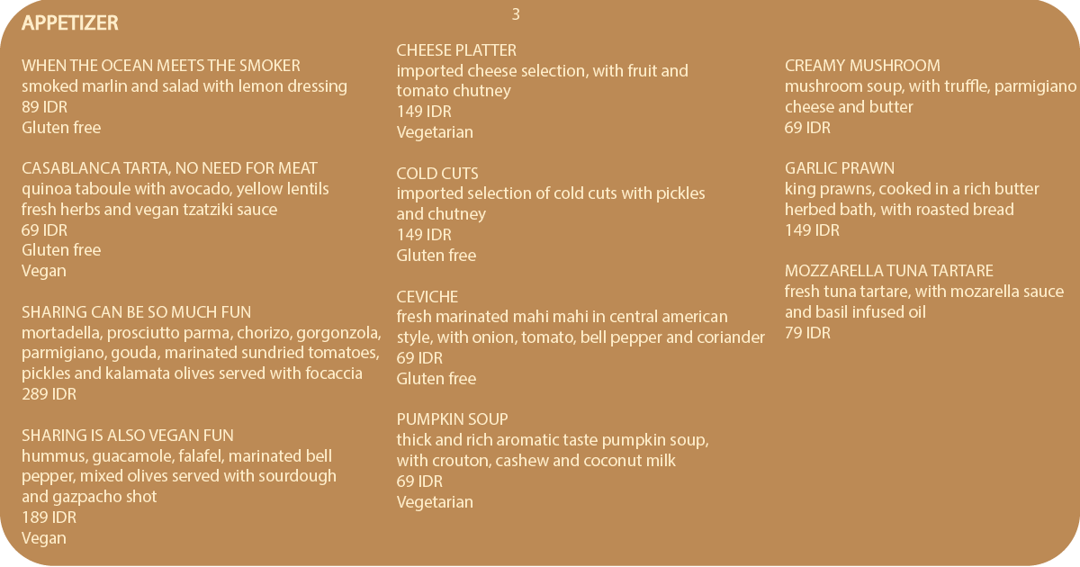 3. Appetizers menu featuring smoked marlin salad, quinoa taboule, sharing platters