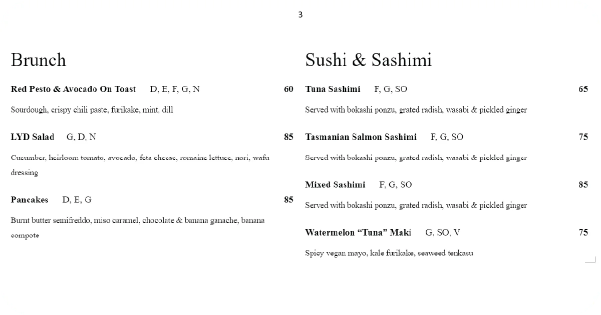 3. Brunch and sushi menu featuring avocado toast, pancakes, sashimi selections
