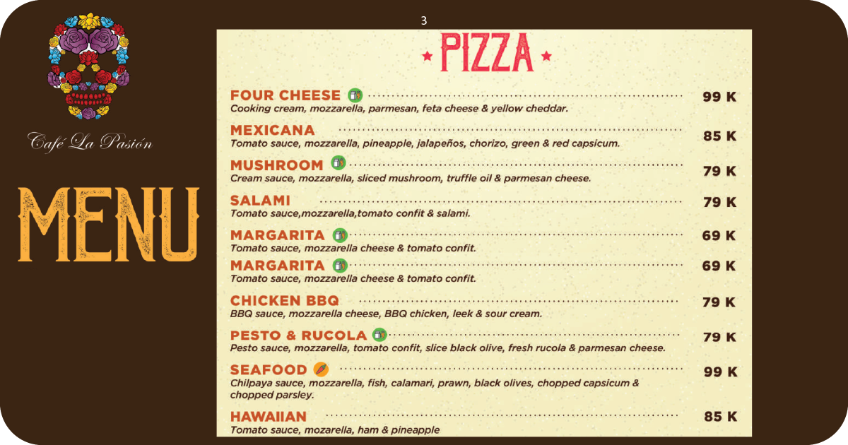 Cafe La Pasion Bali: Uluwatu's Hidden Gem? A Full Review 4 3. Café La Pasión pizza menu listing four cheese, Mexicana, Hawaiian