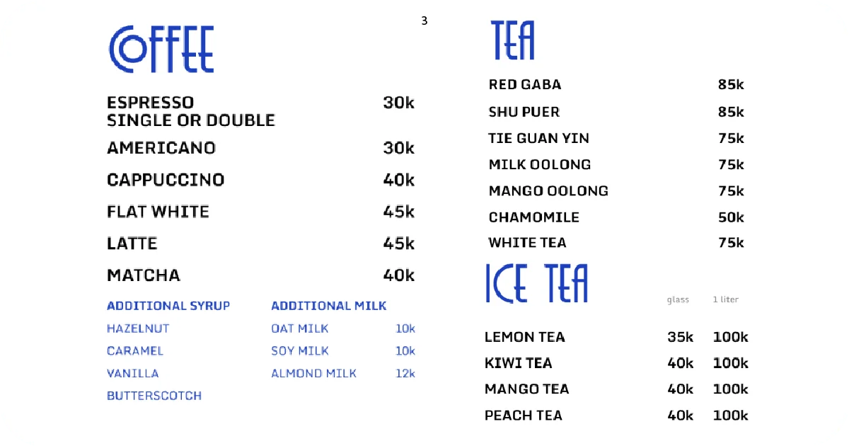 3. Coffee, tea, and iced tea menu with add-ons and prices