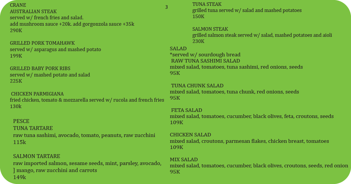 3. Grill and salad menu with steaks, pork ribs, chicken parmigiana, tartares