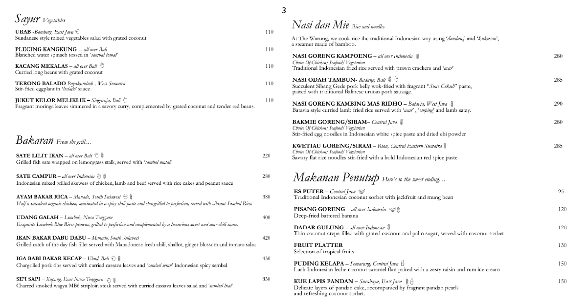 3. Menu page of vegetables, grilled meats, rice, noodles, desserts